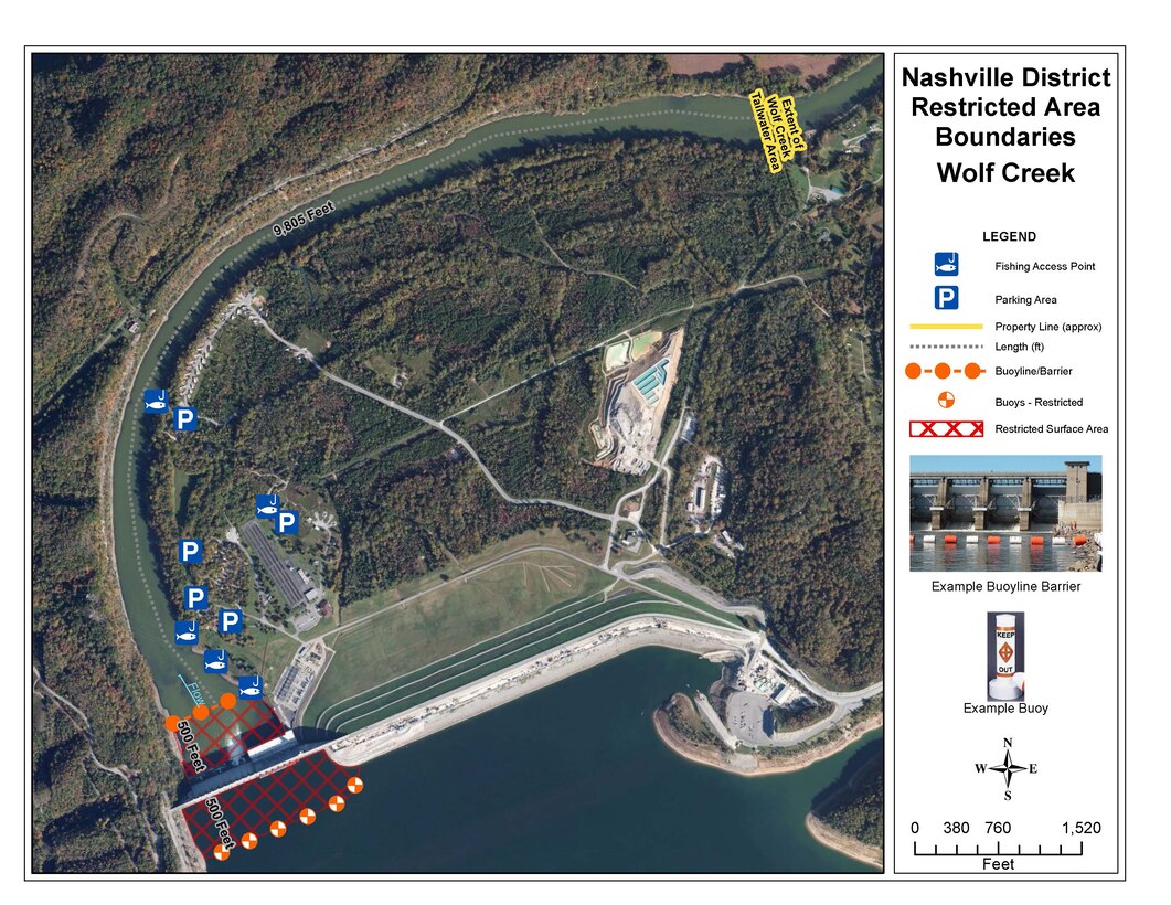 Nashville District Restricted Area Boundary Map of Wolf Creek Dam, jamestown, Ky. (USACE image)