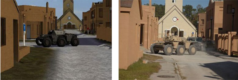 The Virtual Autonomous Navigation Environment simulation, left, is nearly identical to the actual environment, right, allowing users to make decisions and complete missions with speed and efficiency.