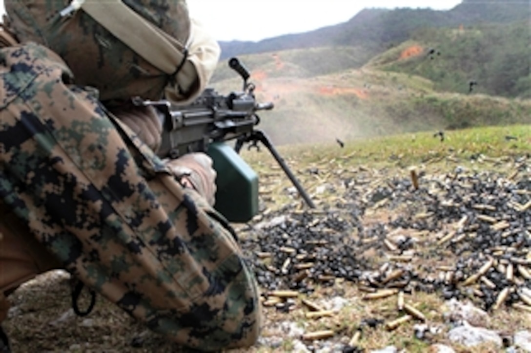 A U.S. Marine fires an M249 squad automatic weapon at multiple targets during a live-fire training exercise on Camp Hansen, Okinawa, Japan, Dec. 12, 2012. The Marines and sailors used the training to refresh their skills in crew-served weapons. 