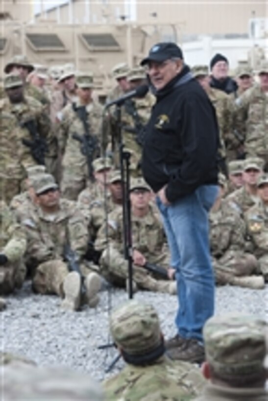 Secretary of Defense Leon E. Panetta speaks to troops at Regional Command South in Kandahar, Afghanistan, on Dec. 13, 2012.  Panetta is on a five-day trip to the region to meet the deployed troops and with senior leadership.  