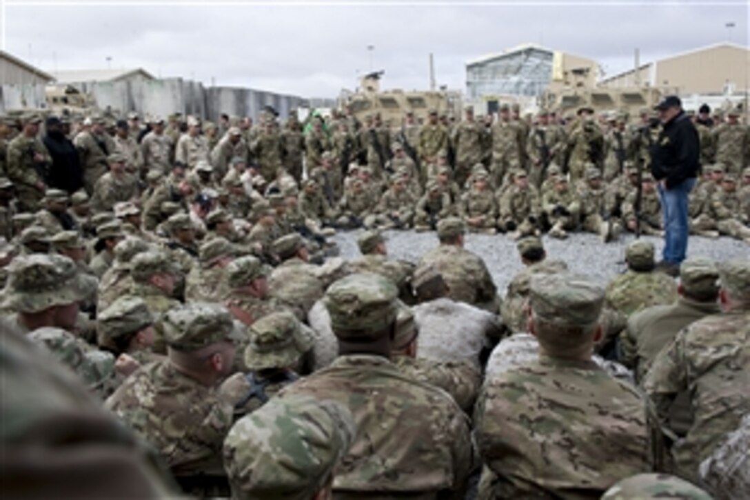 U.S. Defense Secretary Leon E. Panetta speaks to troops from Regional Command South in Kandahar, Afghanistan, Dec. 13, 2012. 