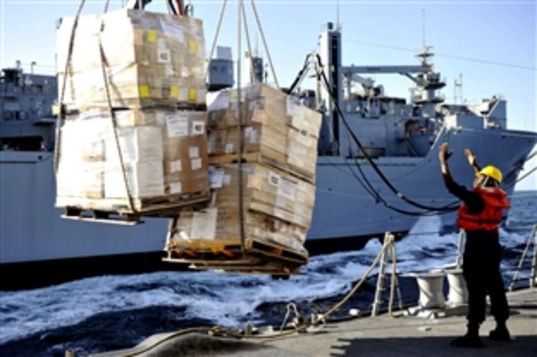 Navy Petty Officer 3rd Class Julius McGowan signals aboard the guided-missile destroyer the USS Jason Dunham as the ship receives stores from the Military Sealift Command dry cargo and ammunition ship USNS Washington Chambers during a replenishment-at-sea in the Arabian Sea, Dec. 10, 2012. 