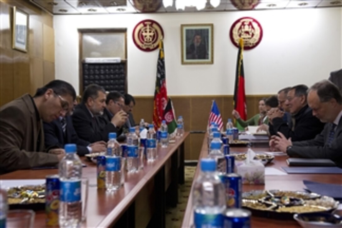 Secretary of Defense Leon E. Panetta, second from right, meets with Afghan Minister of Defense Bismillah Khan Mohammadi, third from left, in Kabul, Afghanistan, on Dec. 13, 2012.  Panetta and Bismillah are meeting to discuss regional security items of interest to both nations.   Panetta is on a five-day trip to the region to meet with senior leadership and with the deployed troops.  
