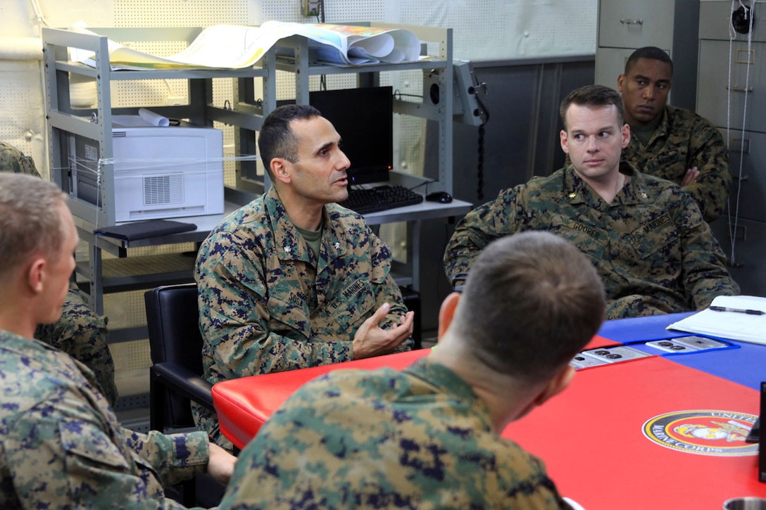 Lt. Col. David Sosa, the commanding officer of Battalion Landing Team 1st Battalion, 2nd Marine Regiment, 24th Marine Expeditionary Unit, discusses upcoming post-deployment concerns with 24th MEU leadership aboard the USS New York, Dec. 8, 2012. The 24th MEU is returning home in time for the holidays after spending most of 2012 deployed in the U.S. Navy's 5th and 6th Fleet areas of responsibility as an expeditionary crisis response force, maintaining presence aboard the ships of the Iwo Jima Amphibious Ready Group within the U.S. Central, European and Africa Commands. (U.S. Marine Corps photo by 2nd Lt. Joshua W. Larson)