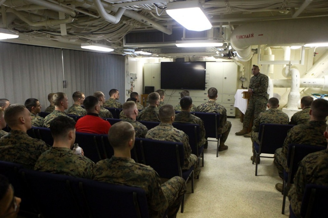 First Sgt. Gregory Mitchell, the battery 1st sergeant for India Battery, Battalion Landing Team 1st Battalion, 2nd Marine Regiment, 24th Marine Expeditionary Unit, speaks to his Marines during reintegration training aboard the USS New York, Dec. 11, 2012. The 24th MEU is returning home in time for the holidays after spending most of 2012 deployed in the U.S. Navy's 5th and 6th Fleet areas of responsibility as an expeditionary crisis response force, maintaining presence aboard the ships of the Iwo Jima Amphibious Ready Group within the U.S. Central, European and Africa Commands. (U.S. Marine Corps photo by Cpl. Michael Petersheim)