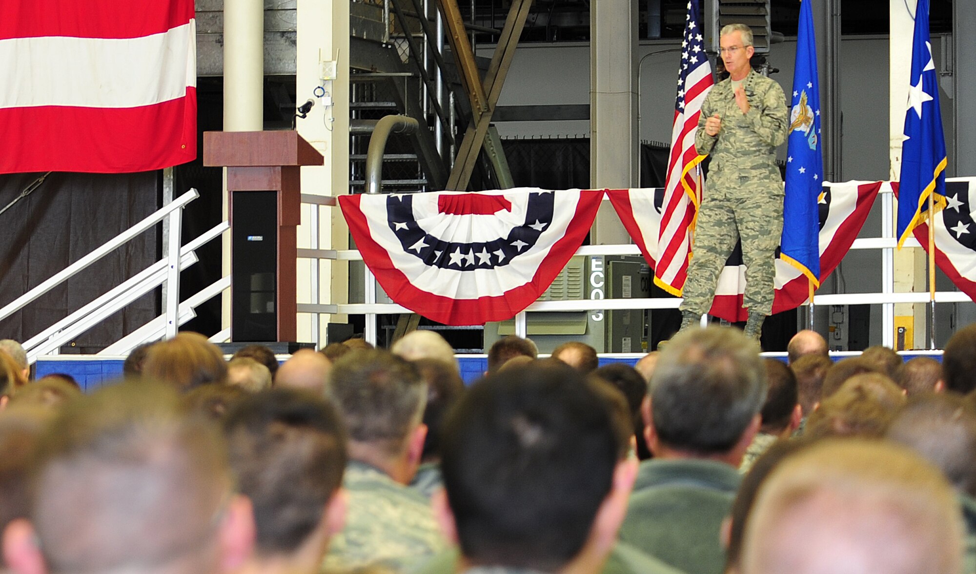 Gen. Paul Selva, the Air Mobility Command commander, speaks with members of Team Fairchild inside the maintenance hangar during an all call at Fairchild Air Force Base, Wash., Dec. 12, 2012. The general recently took the reins of AMC and has made it a goal to visit with Airmen in person to explain his goals, priorities and expectations for everyone in the command. (U.S. Air Force photo by Airman 1st Class Janelle Patino)