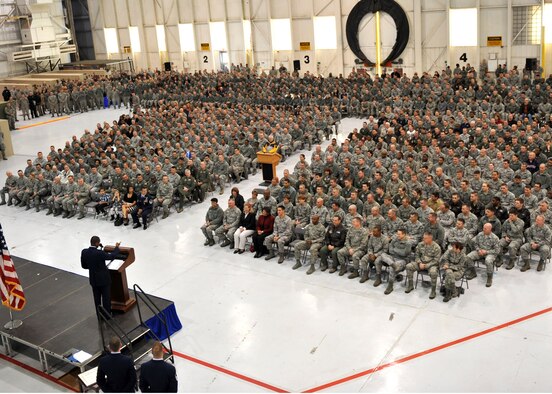 Lt. Gen. Darren McDew, 18th Air Force commander, speaks to members of the 22nd Air Refueling Wing here during an all call Dec. 12. McDew urged Airmen to be bold, innovative risk-takers and expressed his gratitude to Team McConnell for their contributions to the command’s mission. (U.S. Air Force photo/Airman 1st Class Maurice A. Hodges/released)