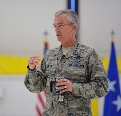 Gen. Paul Selva, Air Mobility Command commander, talks about his three priorities as the new AMC commander during a base visit to Joint Base Lewis-McChord, Wash., Dec. 11, 2012. The general's three priorities include mission, caring and respect for others and training. (U.S. Air Force photo/Staff Sgt. Jason Truskowski)