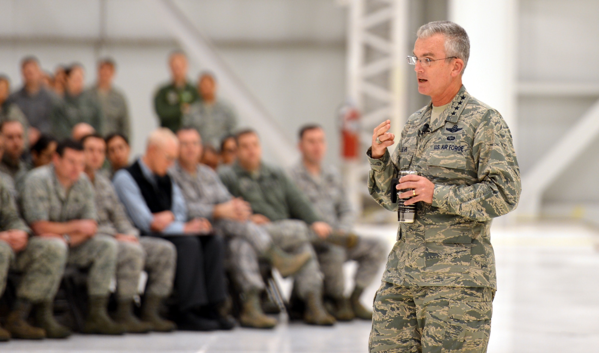 Gen. Paul Selva, Air Mobility Command commander, addresses Airmen from Joint Base Lewis-McChord, Wash., during a visit to McChord Field, Dec. 11, 2012, as part of his visit to AMC bases. This was the second stop for the general as he started his tour of AMC bases across the world. (U.S. Air Force photo/Staff Sgt. Jason Truskowski)