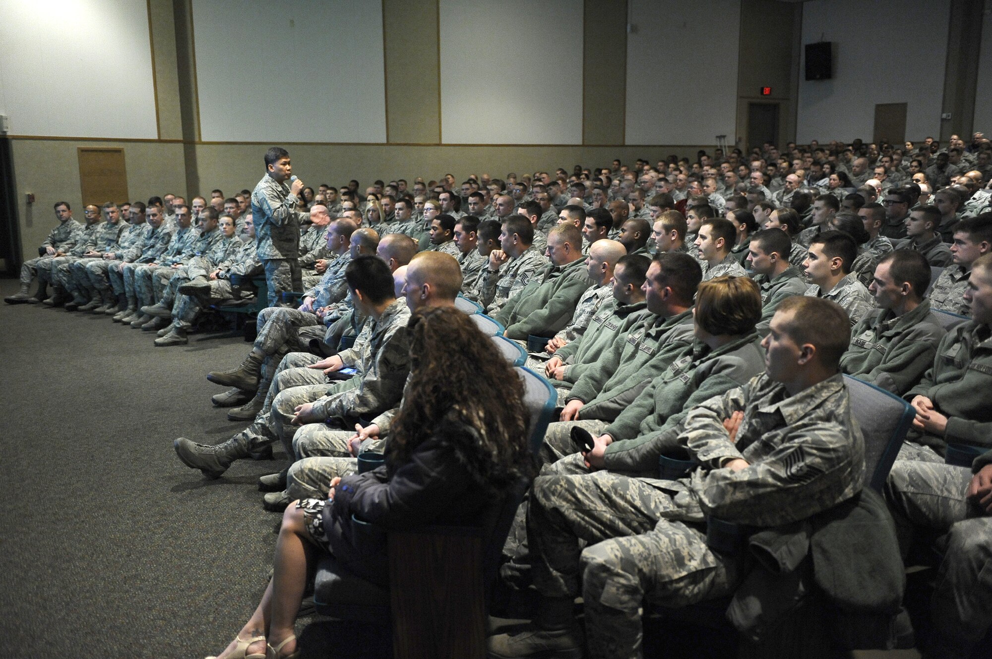 Col. H.B. Brual, 341st Missile Wing commander, speaks to members of Team Malmstrom during a Wing One Airman-to-Airmen safety down day at the base auditorium on Dec. 6. Brual emphasized the importance of personal risk management, how to prevent future vehicle accidents and being good wingmen to each other. (U.S. Air Force photo/Beau Wade)