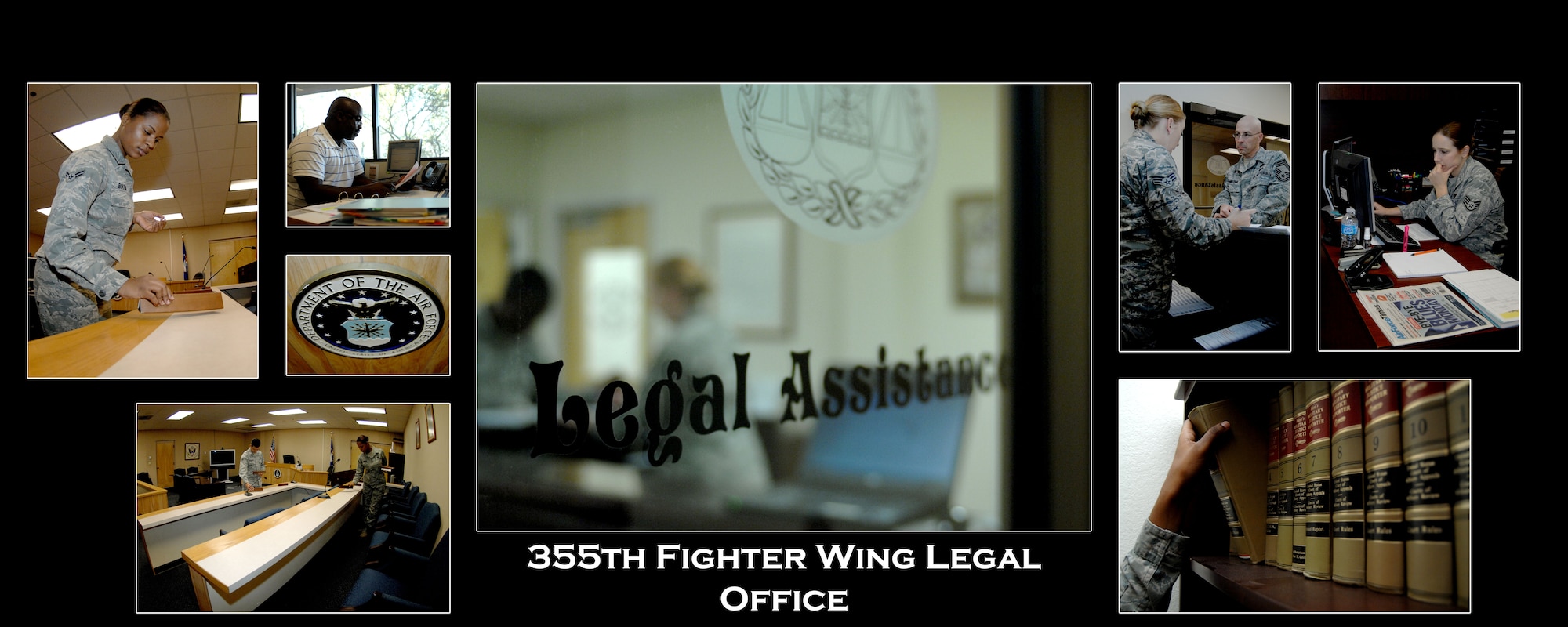 The 355th Fighter Wing Legal Office is comprised of four sections: General Law, Legal Assistance, Military Justice and the Staff Judge Advocate. In addition to assisting the base populace with legal matters, the Legal Office advises commanders on all matters affecting the installation and the mission, including such wide-ranging areas as military justice, administrative actions, ethics, operations law, environmental law, claims, contracts, civil law and labor law. (U.S. Air Force photo by Airman 1st Class Saphfire Cook)