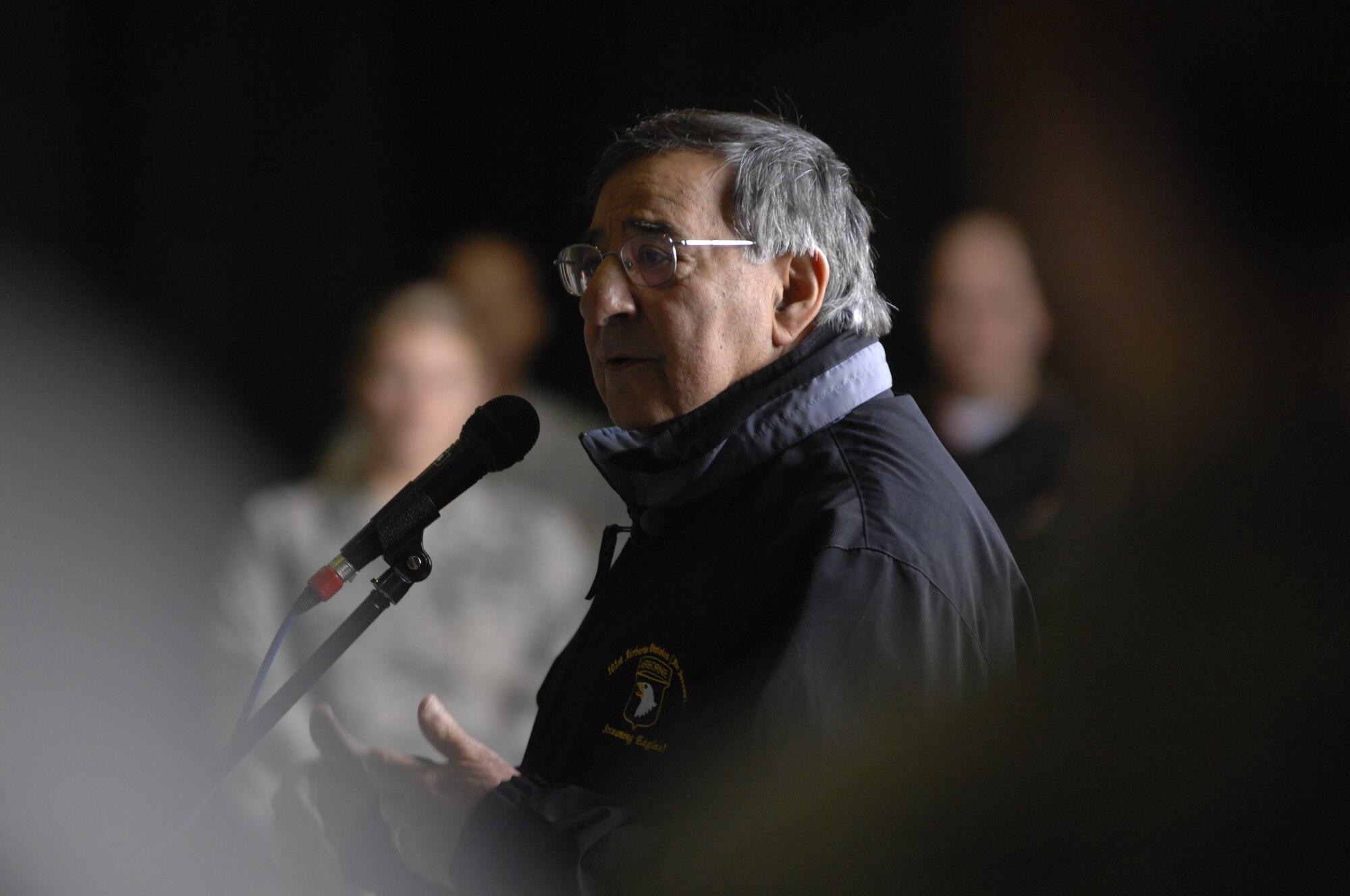 Secretary of Defense Leon Panetta speaks with members of the 39th Air Base Wing during a visit Dec. 14, 2012, at Incirlik Air Base, Turkey. Panetta met with 300 Incirlik Airmen to express his gratitude for their service. (U.S. Air Force photo by 1st Lt. David Liapis/Released)