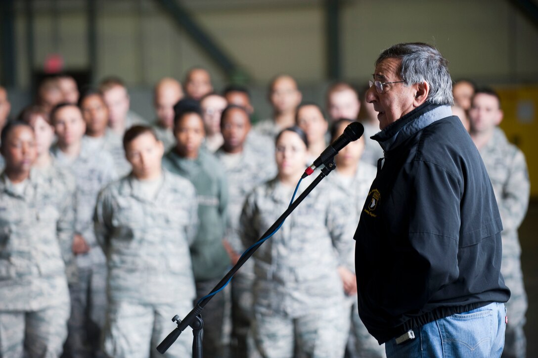 Secretary of Defense Leon Panetta speaks with members of the 39th Air Base Wing during a visit Dec. 14, 2012, at Incirlik Air Base, Turkey. Approximately 300 Airmen met with Panetta who reminded them of the significance their sacrifices here have on the rest of the military. (U.S. Air Force photo by Senior Airman Clayton Lenhardt/Released)