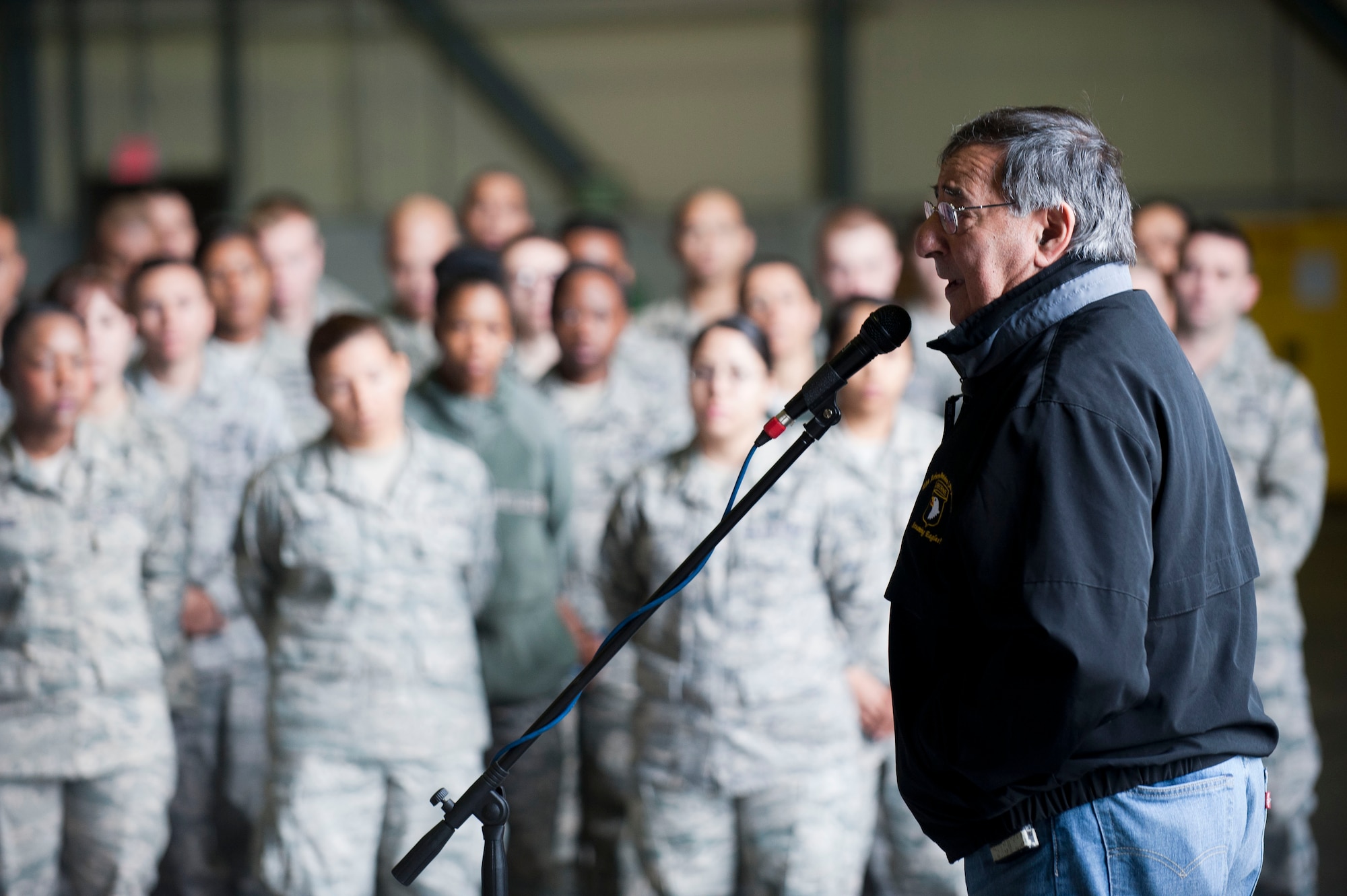 Secretary of Defense Leon Panetta speaks with members of the 39th Air Base Wing during a visit Dec. 14, 2012, at Incirlik Air Base, Turkey. Approximately 300 Airmen met with Panetta who reminded them of the significance their sacrifices here have on the rest of the military. (U.S. Air Force photo by Senior Airman Clayton Lenhardt/Released)