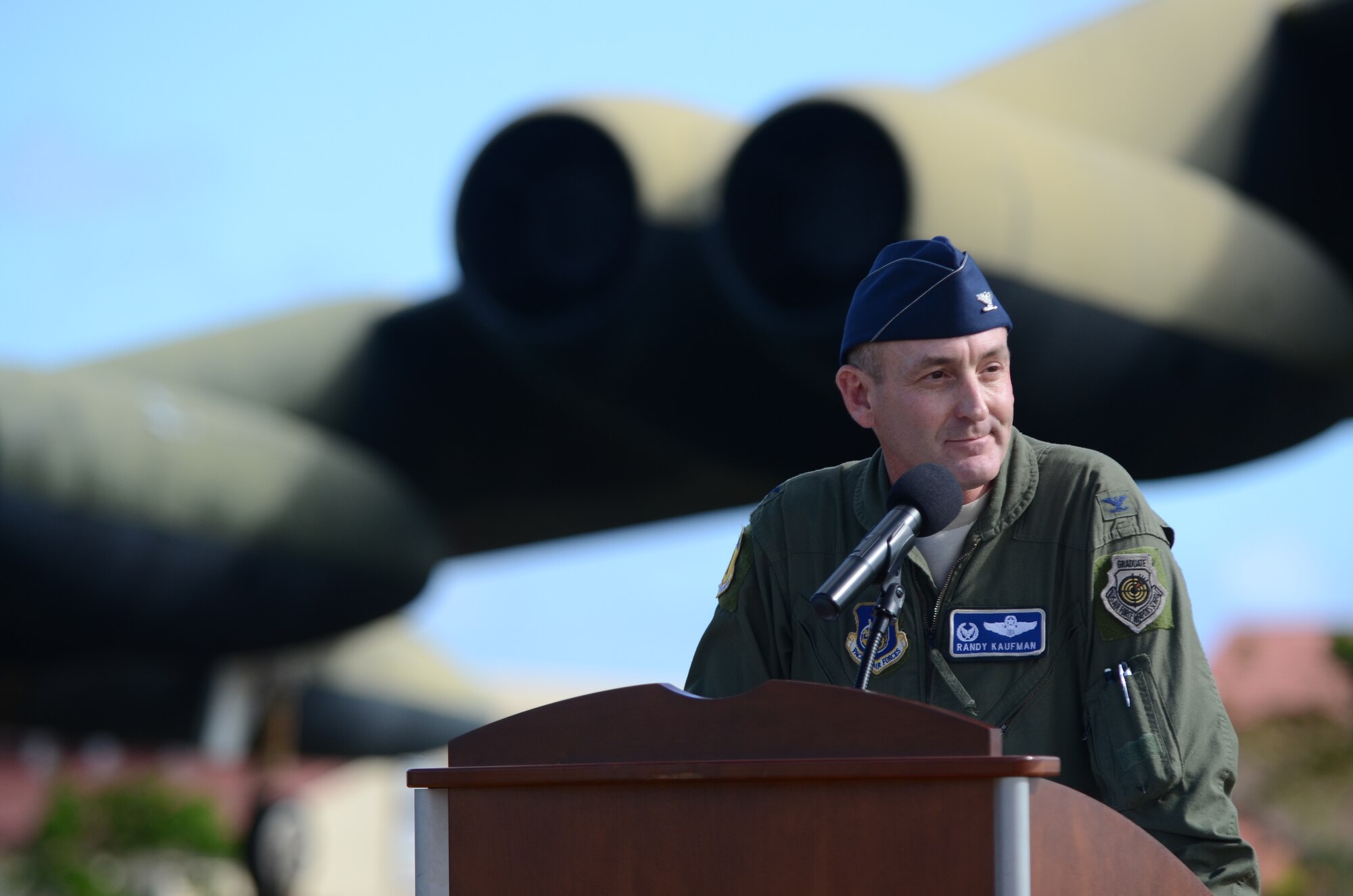 Col. Randy Kaufman, 36th Operations Group commander, speaks during the Operation Linebacker II Remembrance Ceremony at Andersen Air Force Base, Guam, Dec. 14. The ceremony commemorated the 40th anniversary of the Linebacker II campaign that led to the end of the Vietnam War. (U.S. Air Force photo by Senior Airman Benjamin Wiseman/Released)