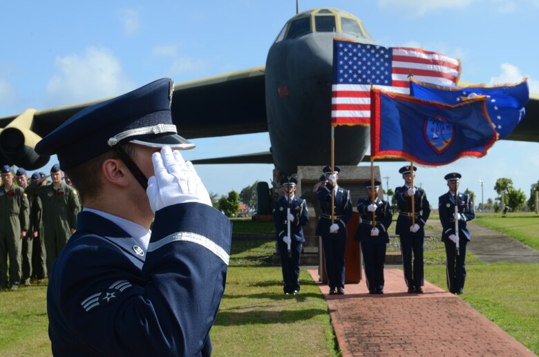 The Andersen Base honor guard presents the colors during the Operation Linebacker II Remembrance Ceremony at Andersen Air Force Base, Guam, Dec. 14, 2012. The ceremony commemorated the 40th anniversary of the Linebacker II campaign that led to the end of the Vietnam War. (U.S. Air Force photo by Senior Airman Benjamin Wiseman/Released)