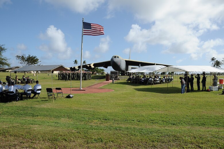 Airmen from Team Andersen gather with veterans and the local community attendees for the Operation Linebacker II Remembrance Ceremony at Andersen Air Force Base, Guam, Dec. 14, 2012. The ceremony commemorated the 40th anniversary of the Linebacker II campaign that led to the end of the Vietnam War. (U.S. Air Force photo by Airman 1st Class Adarius Petty/Released)