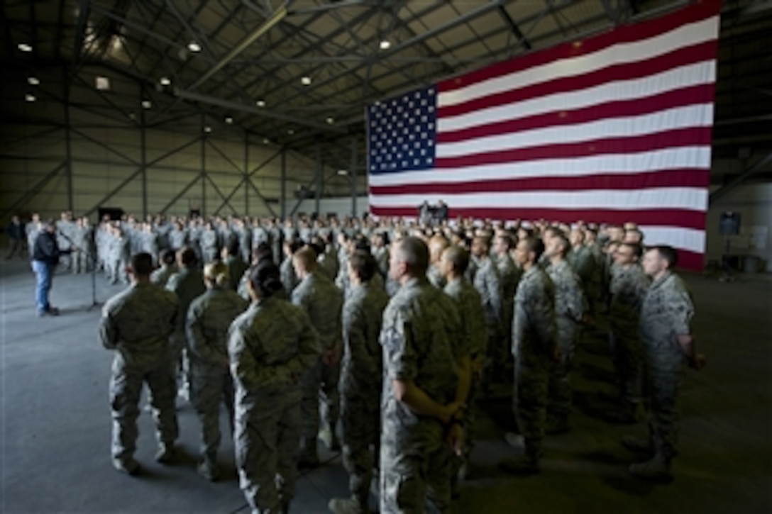 Secretary of Defense Leon E. Panetta speaks with U.S. Air Force airmen at Incirlik Air Base, Turkey, on Dec. 13, 2012.  Panetta is on a five-day trip to the region to meet the deployed troops and with senior leadership.  