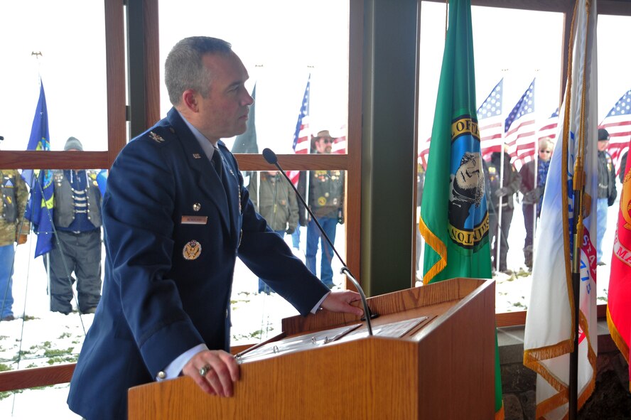 Col. Brian Newberry, 92nd Air Refueling Wing commander, gives a speech at the Wreaths Across America event at the Washington State Veteran’s Cemetery in Medical Lake, Wash., Dec. 15, 2012. The wreath-laying ceremony is held annually. (U.S. Air Force photo by Airman 1st Class Taylor Curry)