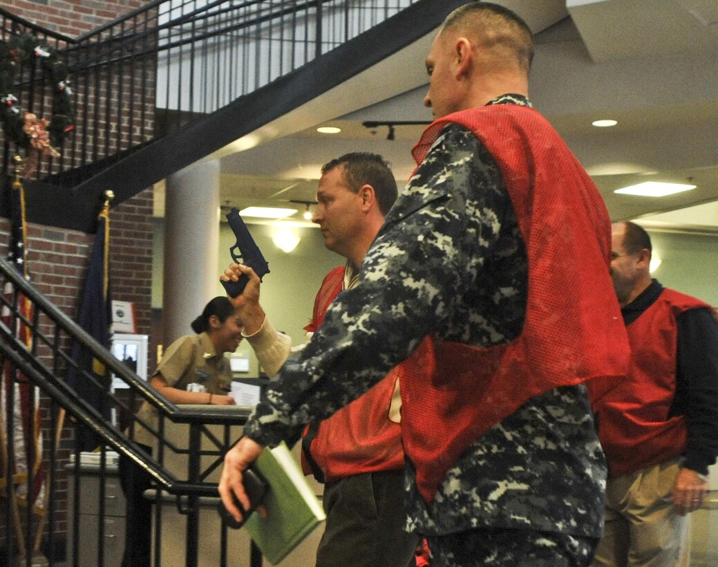 The Naval Health Clinic Quantico conducted a Code White scenario during an active shooter drill in the clinic on Monday. The drill lasted 4 minutes and 27 seconds, and gave the staff and leadership aboard the base a more in-depth look at the efficiency of their safety protocols.(U.S. Marine Corps photo by Lance Cpl. Antwaun L. Jefferson/Released)