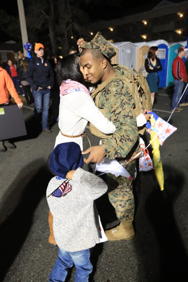 MARINE CORPS BASE CAMP LEJEUNE, N.C. – Sgt.  Jose Alvarez, a motor transportation mechanic with Charlie Company, Battalion Landing Team 1st Battalion, 2nd Marine Regiment, 24th Marine Expeditionary Unit to return home from deployment on Camp Lejeune, Dec. 16, 2012. The 24th Marine Expeditionary Unit has returned to the U.S. after completing nearly nine months deployed as an expeditionary crisis response force with the Iwo Jima Amphibious Ready Group.   Approximately 2,300 Marines and Sailors of the 24th MEU will be offloading over the next few days from amphibious assault ships USS Iwo Jima, USS New York and USS Gunston Hall. (Official U.S. Marine Corps Photo by Sgt. Richard Blumenstein)