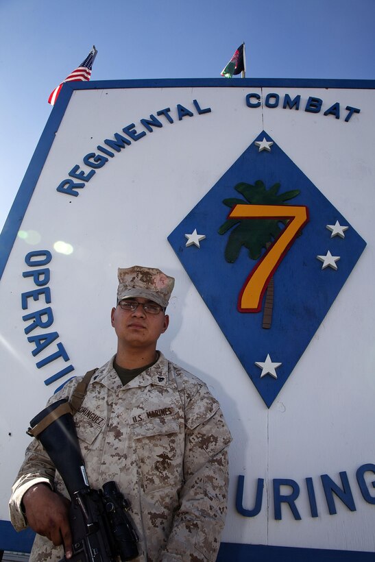 Corporal Antonio Dominguez, a radio repairman, is currently deployed to Helmand province, Afghanistan in support of Operation Enduring Freedom. Dominguez, a 23-year-old native of Sparks, Nevada, was honored as “Marine of the Quarter” by 7th Marine Regiment and meritoriously promoted to corporal Dec. 2. (U.S. Marine Corps photo by Cpl Alejandro Pena)
