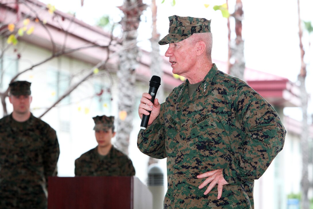 Lt. Gen. John A. Toolan, Jr., the commanding general of I Marine Expeditionary Force addresses Marines with I MEF during an award ceremony at Camp Pendleton, Calif., Dec. 6th. The unit received two Navy Unit Commendation Awards during the ceremony.