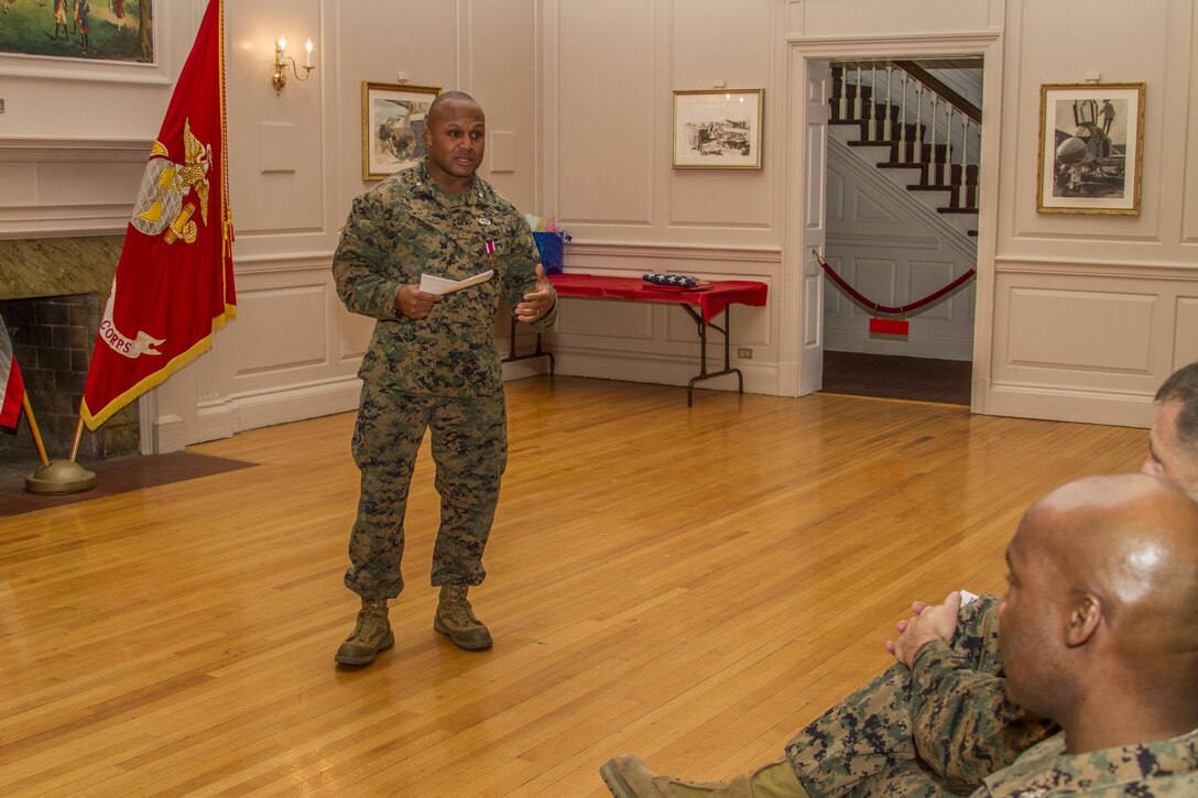 Lieutenant Col. Ronald J. Peterson, assistant chief of staff for advertising, Marine Corps Recruiting Command, addresses his fellow Marines and civilians during his retirement ceremony at Harry Lee Hall, Dec. 14. Peterson is just one of the thousands of quality American citizens the Corps returns back to their communities each year. 