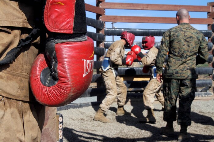 Recruits of Platoon 2111, Company E, 2nd Recruit Training Battalion, face-off during the body sparring Crucible event on Edson Range aboard Marine Corps Base Camp Pendleton, Calif.  The event tests the recruits Marine Corps Martial Arts Program skills and adaptability.  