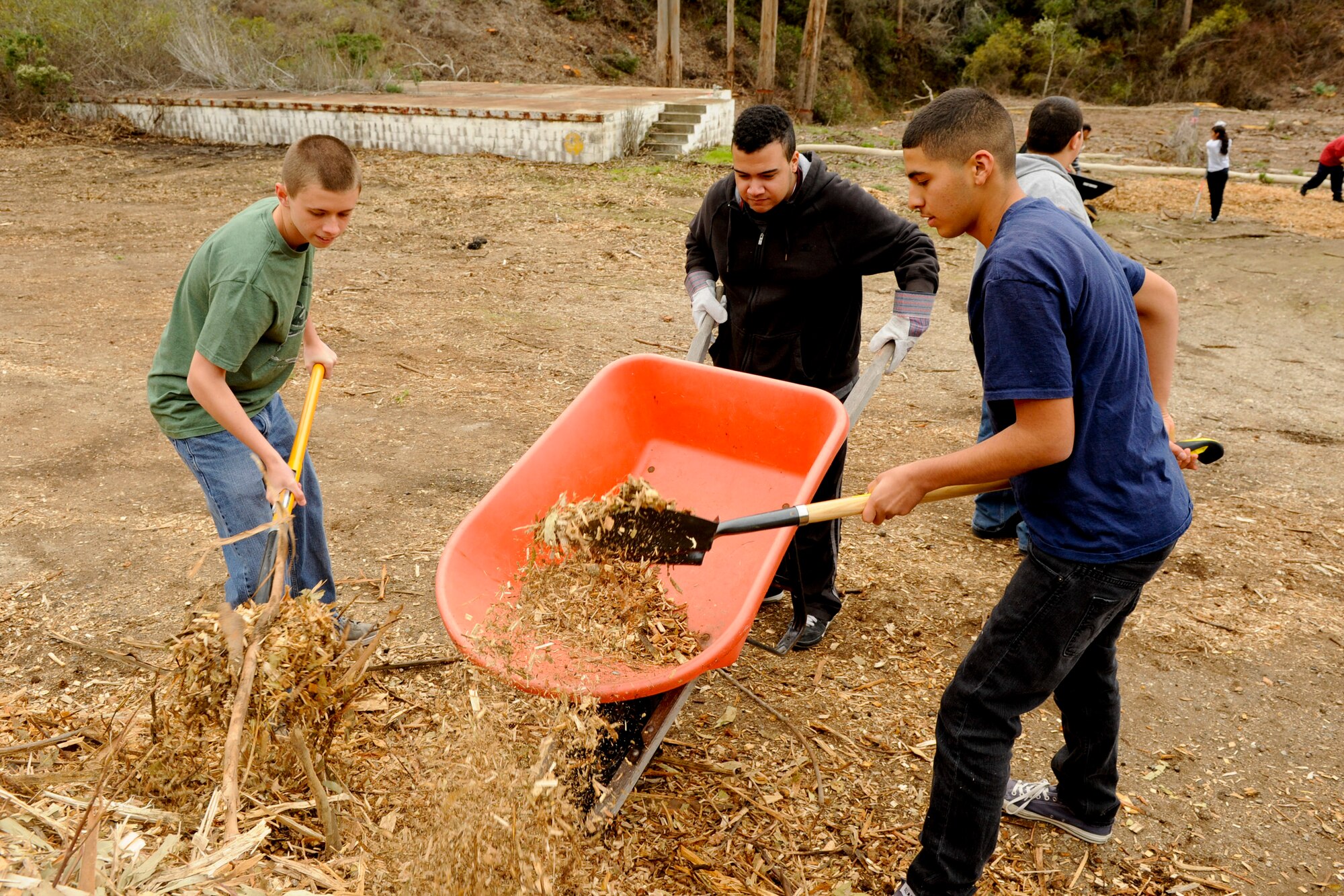 VANDENBERG AIR FORCE BASE, Calif. -- Bakersfield High School Air Force Junior Reserve Officers' Training Corps members scoop mulch into a wheel barrel at Honda Creek on South base here Friday, Dec. 14, 2012. The cadets were spreading mulch as part of community service performed on the installation as part of their duties in JROTC. (U.S. Air Force photo/Staff Sgt. Levi Riendeau)