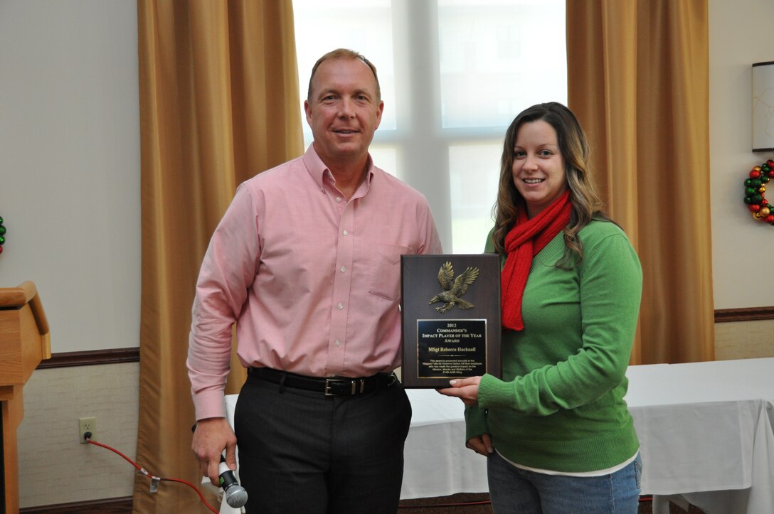 Col. Allan Swartzmiller (left), 914th Airlift Wing commander, presents Master Sgt. Rebecca Hucknall, 914th Aeromedical Staging Squadron, with the 2012 Commander’s Impact Player of the Year award, December 13 at the Niagara Falls Air Reserve Station.  This award is presented annually to the base full time employee who has made the greatest impact on the Mission, Morale and Welfare of the 914 AW.  (U.S. Air Force photo by Master Sgt. Kevin Nichols)