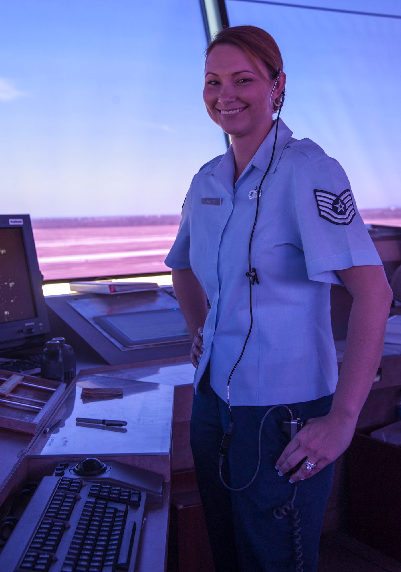 Tech. Sgt. Nicole Valentine, 47th Operations Support Squadron senior watch supervisor, poses for a photo in the air traffic control tower at Laughlin Air Force Base, Texas, Dec. 10, 2012. Valentine was chosen to participate in two online social media interviews by the Air Force Recruiting Service to spotlight her career field and to discuss what it’s like being a female in a traditionally male dominated profession. (U.S. Air Force photo/Airman 1st Class Nathan Maysonet)