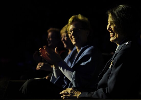 Maj. Gen. Sharon K.G. Dunbar, Air Force District of Washington commander, smiles after being introduced during the U.S. Air Force Band 2012 Holiday Concert at DAR Constitution Hall, Washington, D.C., Dec. 9, 2012. This year’s theme offered holiday music and songs inspired by the "Spirit of the Season." (U.S. Air Force photo/Airman 1st Class Aaron Stout)