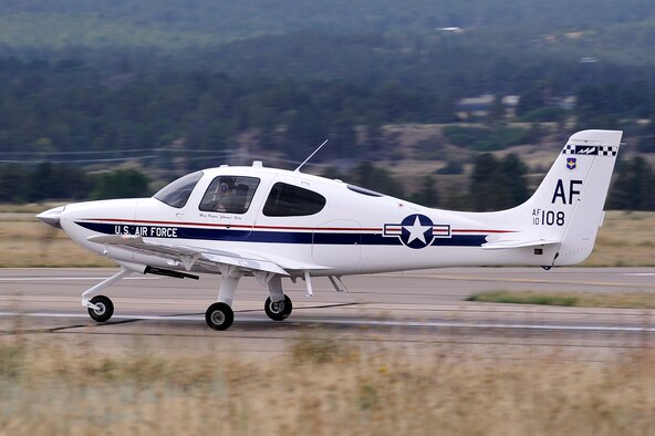 The Cirrus Aircraft T-53A is a small, single engine aircraft at the Academy that replaced the fleet of Diamond DA-40 T-52s in the spring of 2012. It is slightly larger than the T-52 and has a slightly higher horsepower engine. It provides exposure to powered flight and gives cadets the opportunity to solo. (U.S. Air Force photo)