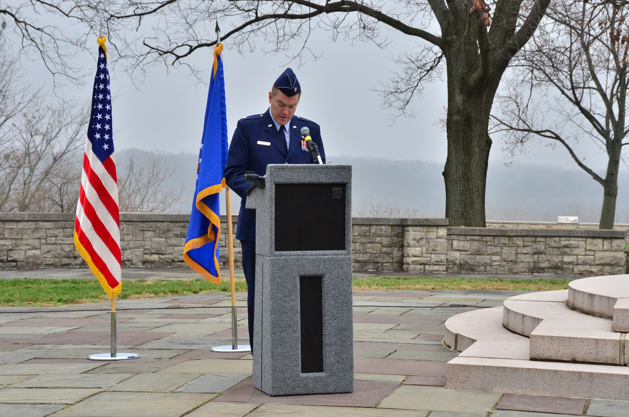 WRIGHT-PATTERSON AIR FORCE BASE, Ohio - Lt. Col. Eric Piel, 89th Airlift Squadron pilot, was the keynote speaker for the 109th Anniversary of the Wright Brothers’ First Powered Flight held on Wright memorial Hill Dec. 17. (U.S. AIr Force photo/Staff Sgt. Amanda Duncan)