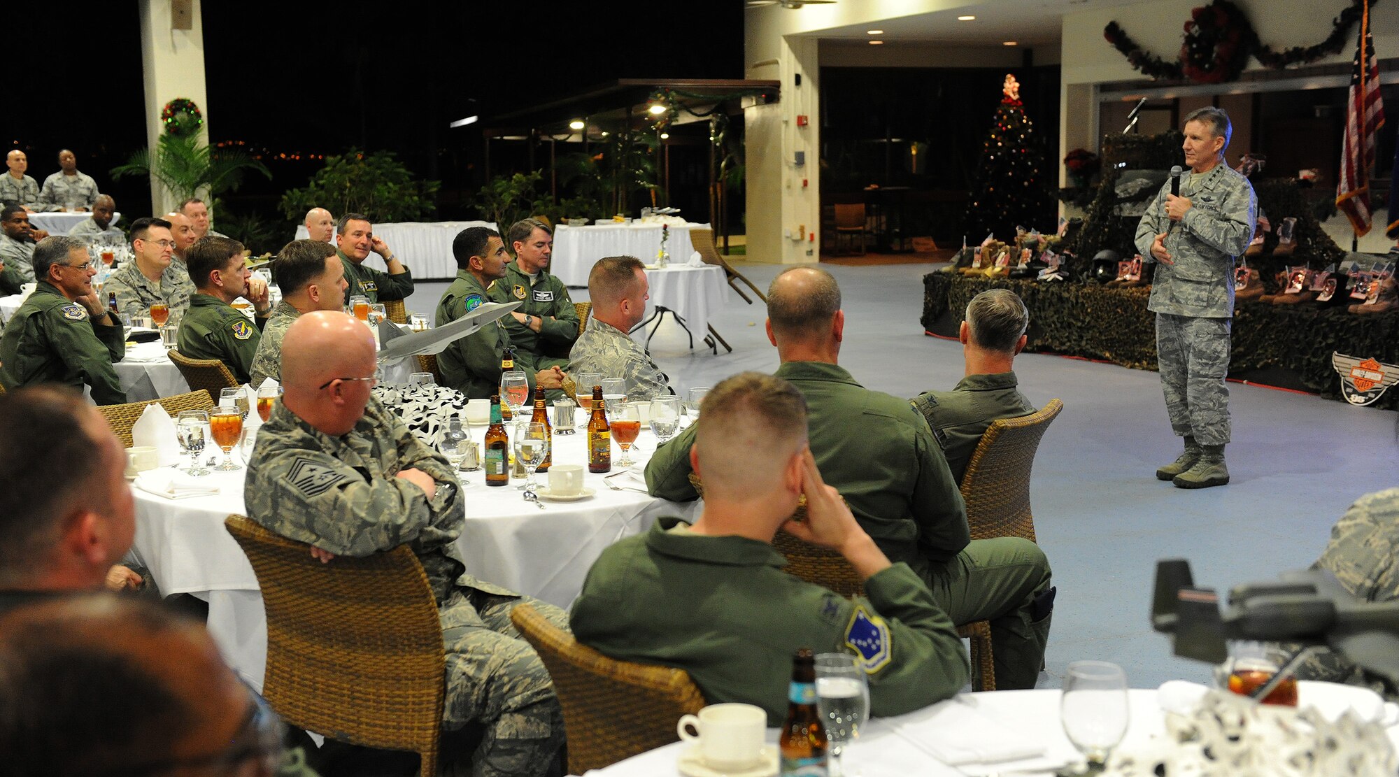 Gen. Herbert “Hawk” Carlisle, Pacific Air Forces commander, gives closing comments at the 2012 PACAF Commanders and Command Chiefs Warfighter Conference dinner at the Hickam Officers’ Club, Joint Base Pearl Harbor-Hickam, Hawaii, Dec. 12, 2012. The conference is an annual event that brings together warfighters to discuss current challenges, anticipate future issues, and to provide solutions to the command.  (U.S. Air Force photo/Tech. Sgt. Jerome S. Tayborn)