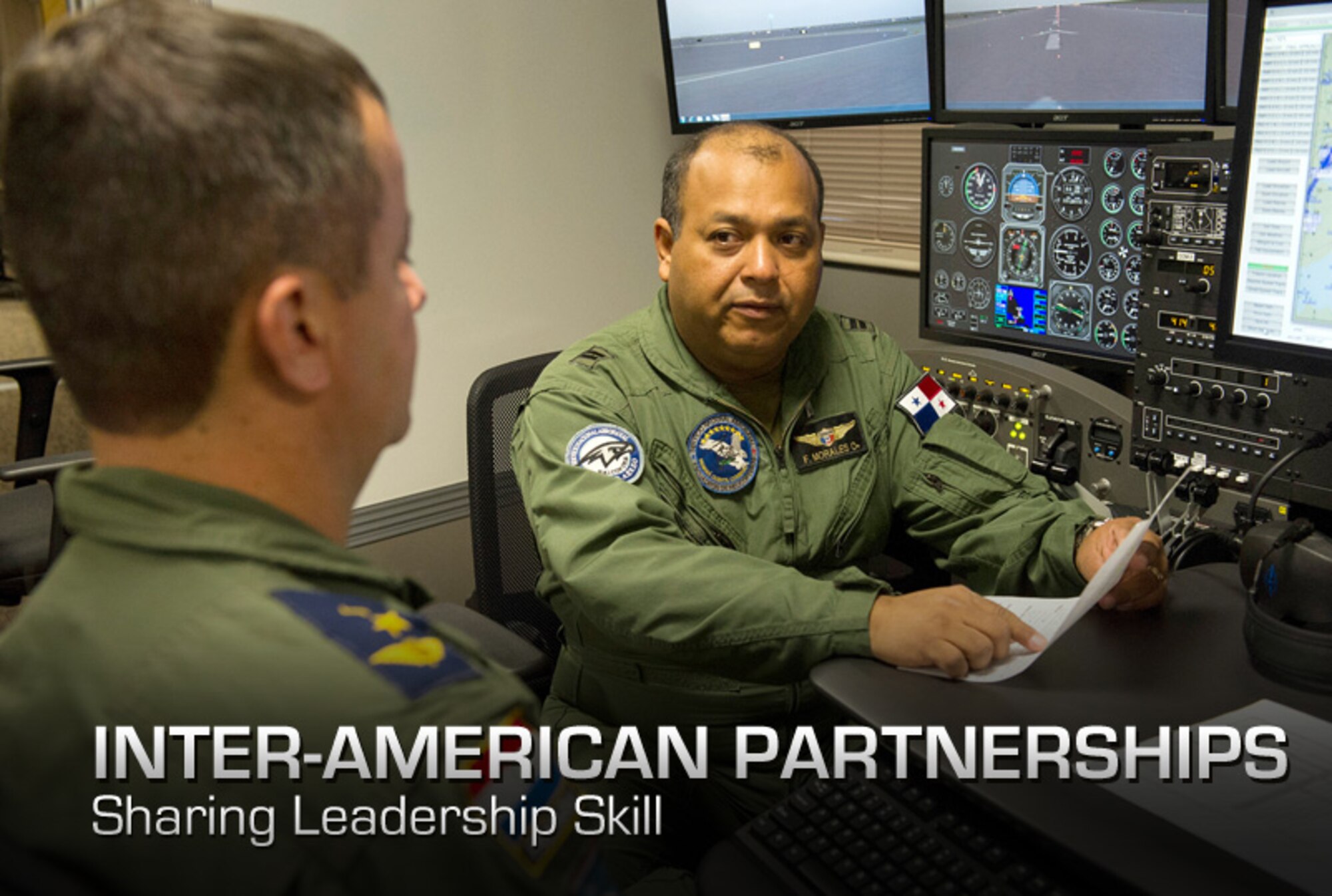 LT Col Roberto Idoyaga, Paraguay Air Force (left), partner nation instructor at the Inter-American Air Forces Academy, evaluates one of his students Lt. Francisco Morales (right), from Panama on his final check ride during the Instructor Pilot Instrument Procedures course in Joint Base San Antonio-Lackland, TX, Dec. 7, 2012.  The IPIP course teaches partner nation students who are experienced pilots in their respective branches of services to become instrument flight instructors.  Aside from reinforcing the concepts of instrument procedures, the instruction also covers Federal Aviation Administration and International Civil Aviation Organization rules and procedures.   (US Air Force Photo by Staff Sgt. Marleah Miller)