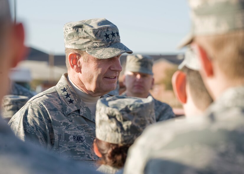 The 7th Communication Squadron and two Airmen are recognized by Lt. Gen. Robin Rand, 12th Air Force (Air Forces Southern) commander during his visit Dec. 13, 2012, at Dyess Air Force Base, Texas. At the Air Force level, Senior Master Sgt. Gary Virtue received the General John. P. Jumper Award for Warfighting Integration and Staff Sgt. Kelly Brim received the Air Force Knowledge Operations Management Award. The 7th CS team also won the Maj. Gen. Paul R. Stoney award for Best Small Communications Squadron in 12th Air Force. (U.S. Air Force photo by Airman 1st Class Jonathan Stefanko/ Released)