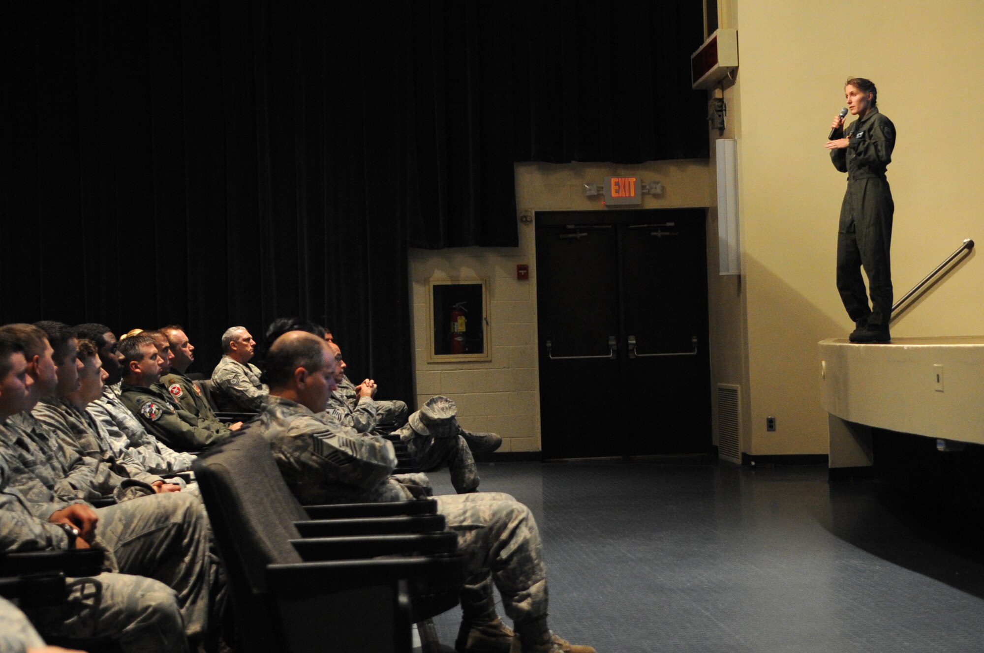 U.S. Air Force Col. Jeannie Leavitt, 4th Fighter Wing commander, speaks to members of Team Seymour at a commander’s call on Seymour Johnson Air Force Base, N.C., Dec. 10, 2012. Leavitt spoke on the effects of sexual assault and harassment within the Air Force and how the 4th FW plans on preventing them here. (U.S. Air Force photo/Airman 1st Class Aubrey White/Released)