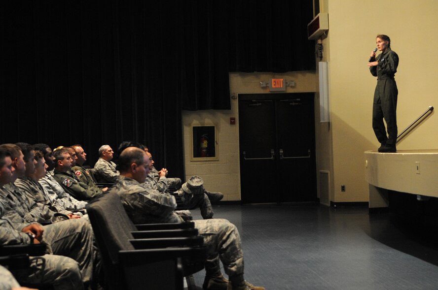 U.S. Air Force Col. Jeannie Leavitt, 4th Fighter Wing commander, speaks to members of Team Seymour at a commander’s call on Seymour Johnson Air Force Base, N.C., Dec. 10, 2012. Leavitt spoke on the effects of sexual assault and harassment within the Air Force and how the 4th FW plans on preventing them here. (U.S. Air Force photo/Airman 1st Class Aubrey White/Released)
