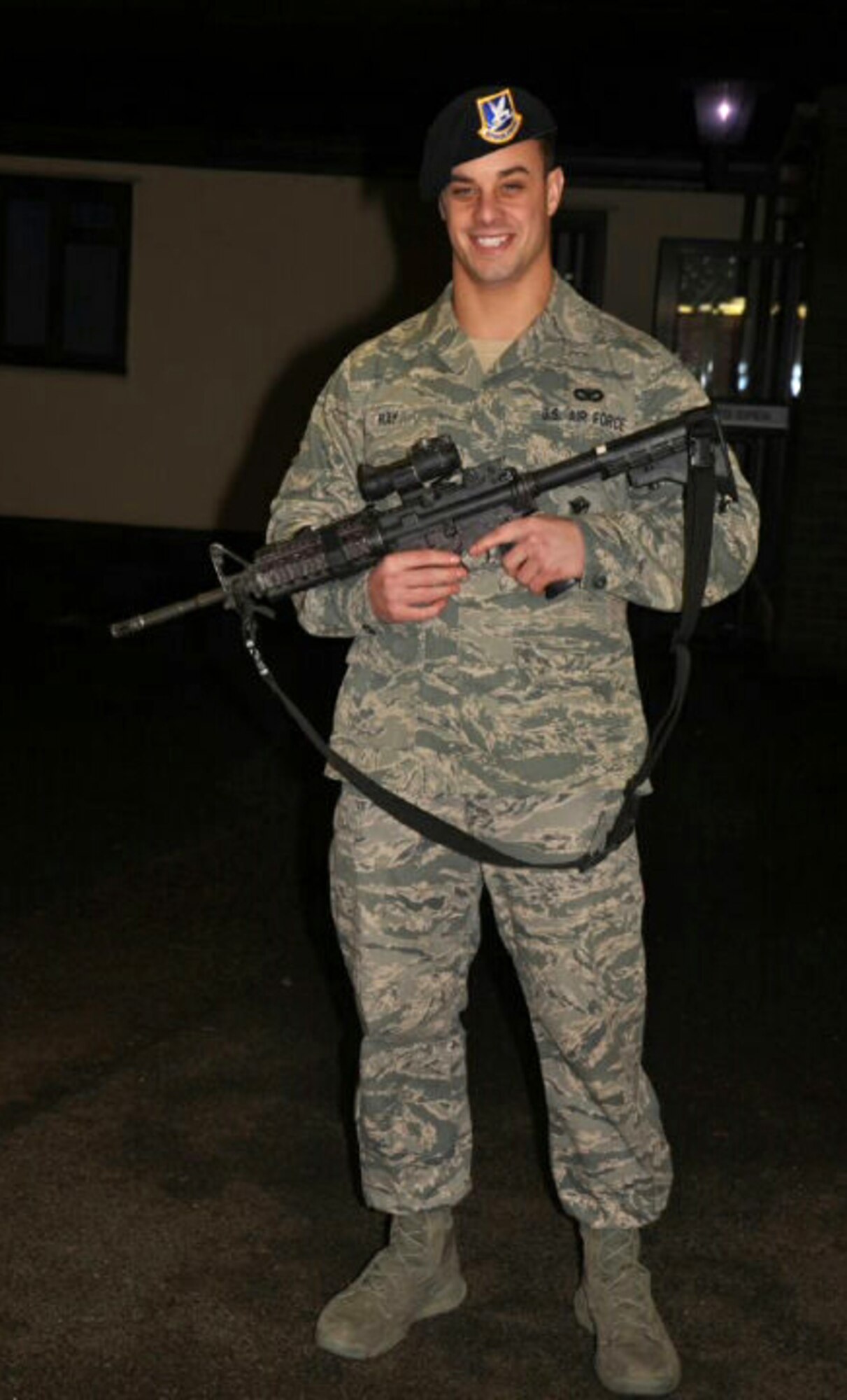 Senior Airman Scott M. Ray, 100th Security Forces Squadron response force leader, poses for a photo at the start of his shift Dec. 17, 2012, at RAF Mildenhall, England. (Courtesy photo)
