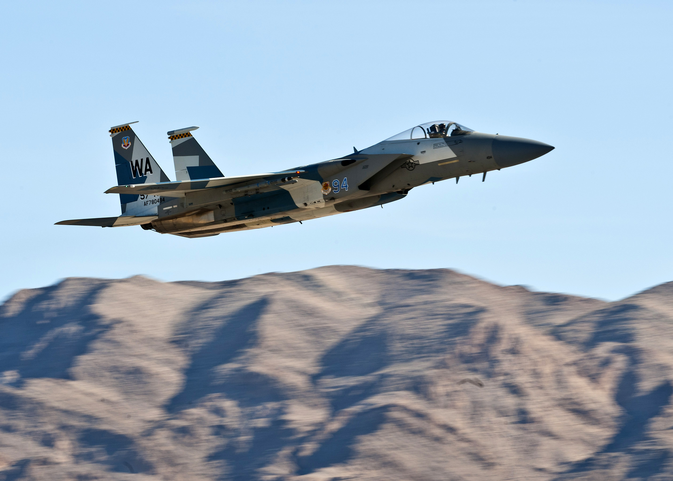 A U.S. Air Force F15 Eagle departs during a mission employment phase exercise on Nellis Air