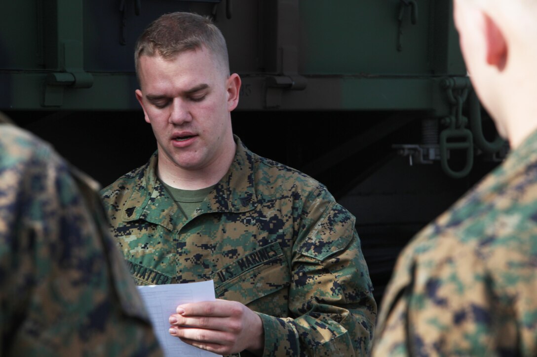 Cpl. Joseph G. Brandstatter, a traffic management specialist with Combat Logistics Company 21, Combat Logistics Regiment 25, 2nd Marine Logistics Group, teaches Reserve Marines with 4th Landing Support Battalion, 4th Marine Logistics Group safety regulations when loading aircraft for deployments aboard Marine Corps Air Station Cherry Point, N.C., Dec. 2, 2012. The rules covered situations such as broken fuel lines, full gas tanks and flammable objects flying in aircraft. 