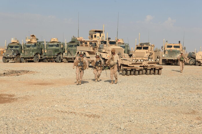 Marines with the motor transport section of Headquarters and Services Company, 2nd Battalion, 7th Marines, Regimental Combat Team 7, return from a convoy Dec. 16, 2012. Motor transport is one of the many sections that works closely with other units to keep the Marines in RCT-7’s area of operations well supplied.