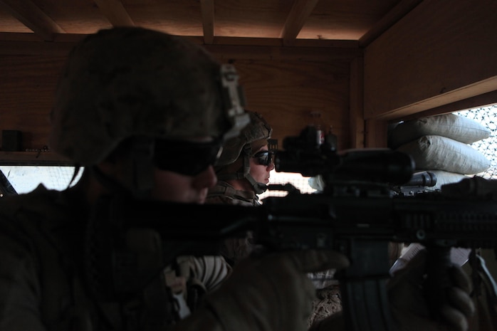 Marines with Golf Company, 2nd Battalion, 7th Marines, Regimental Combat Team 7, provide security for Combat Outpost Shamsher, Dec. 15, 2012. As the security element for the base, Golf Co. provides a sense of reassurance as the other sections conduct day-to-day operations throughout the camp.