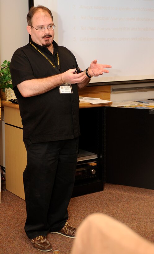 Mark Northrup, South Dakota Department of Labor veteran employment specialist, addresses Airmen during a Transition Assistance Program class in the Airman and Family Readiness Center on Ellsworth Air Force Base, S.D., Dec. 13, 2012. Northrup's portion of the class focused on teaching Airmen how to best market themselves in the civilian workforce. (U.S. Air Force photo by Airman Ashley J. Woolridge/Released) 