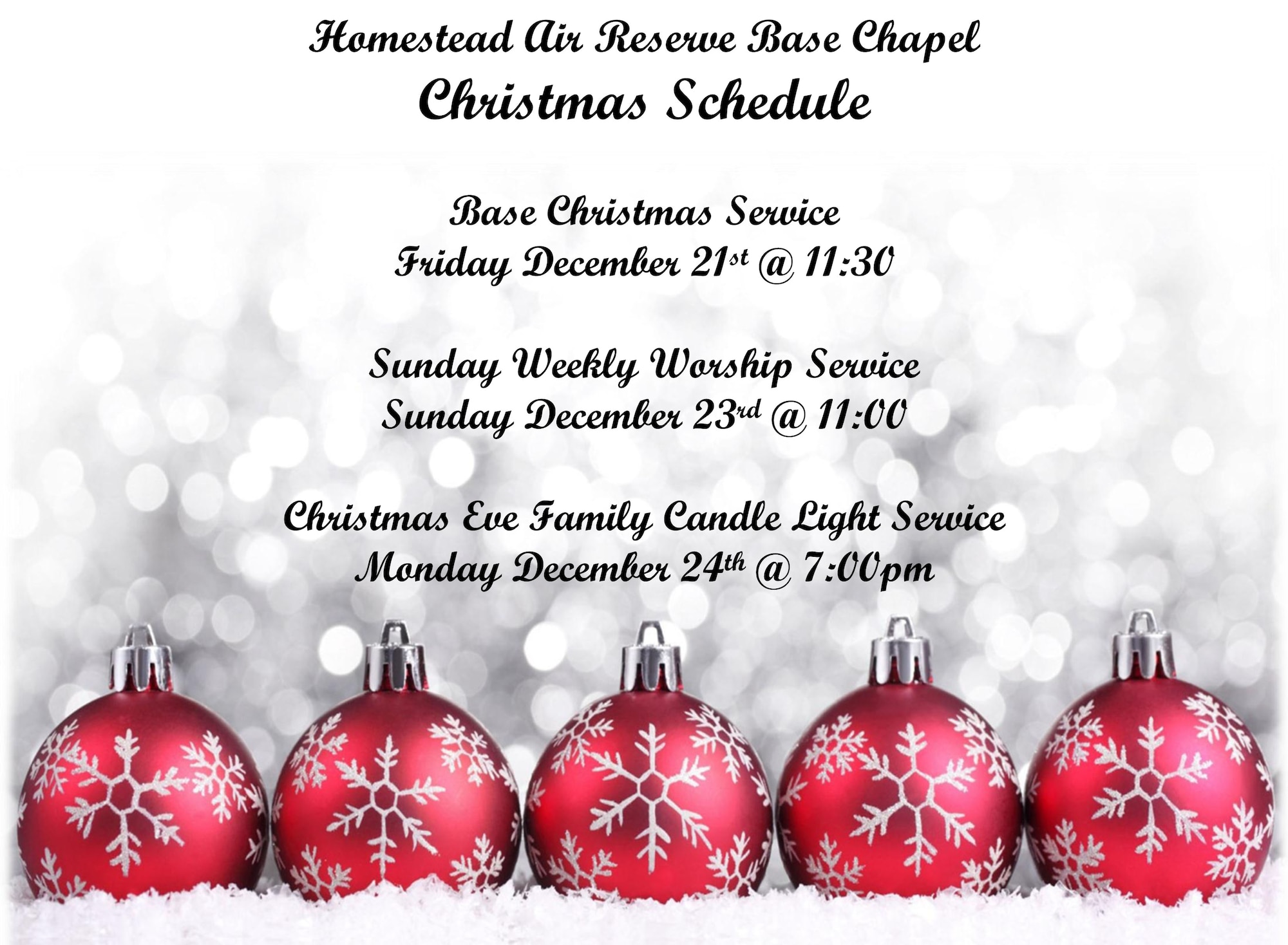 Homestead Air Reserve Base's chapel holds Christmas service for Servicemembers and their familes 11 a. m. Dec. 21, Dec. 23 and 7 p.m. Dec. 24. Services are also open to department of defense civilains and veterans. (courtesy photo)
  