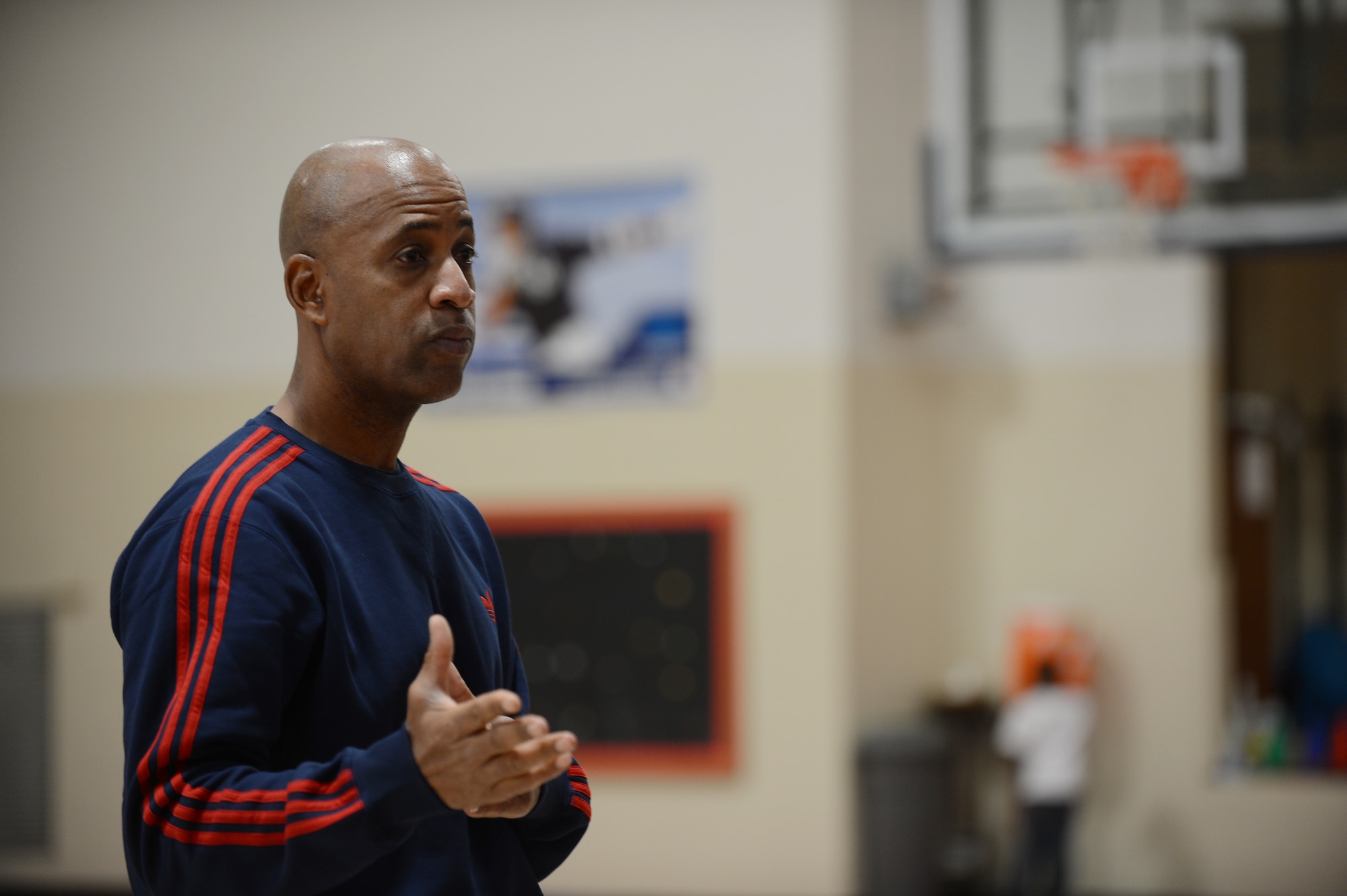 Derrick Stafford, National Basketball Association referee, speaks to kids at the Shaw Air Force Base youth center, S.C., Dec. 14, 2012.  Stafford is in his 25th NBA season and has served twice on the executive board of the NBA Referee Association.  (U.S. Air Force photo by Airman 1st Class Nicole Sikorski/Released)