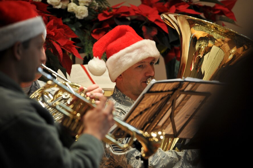 The Golden West Brass Quintet from Travis Air Force Base, Calif., plays holiday carols for students and faculty of St. Matthew Lutheran School in Spokane, Wash., Dec. 13, 2012. The band visited Fairchild for two days, playing for hundreds of Airmen, family members and the local community. (U.S. Air Force photo by Senior Airman Benjamin Stratton)