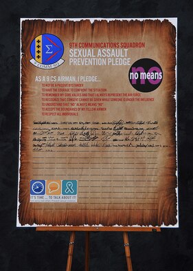 The 9th Communications Squadron at Beale Air Force Base, Calif., signed this declaration stating their commitment to stop sexual assault. More than 50 communications Airmen have signed the declaration since Nov. 13, 2012. The document is poster size and will rotate throughout the squadron to remain visible to all Airmen. (U.S. Air Force photo by Mr. Robert Scott/Released)